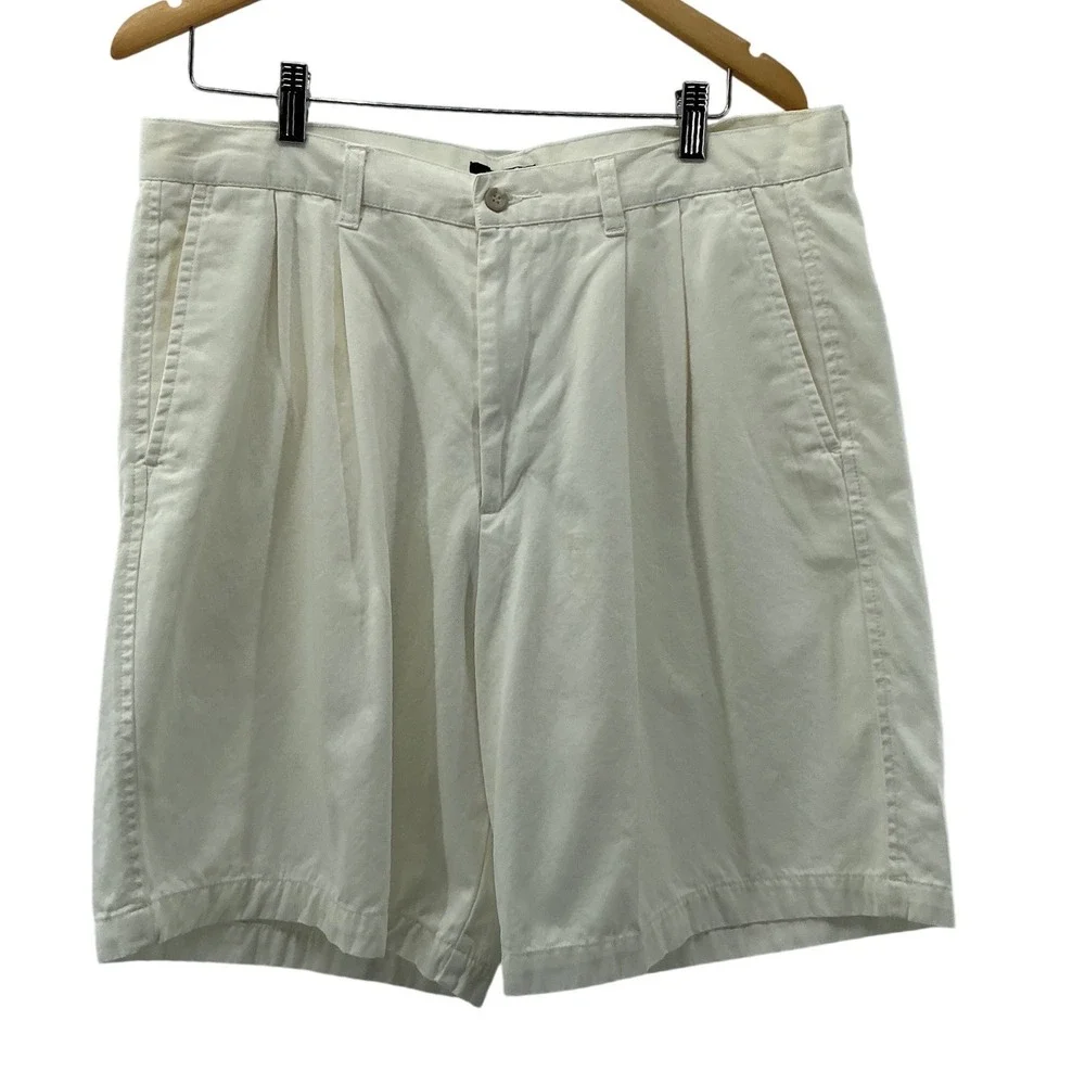 Dockers Mens Pleated Relaxed Fit Shorts W36 Off White Cream 100% Cotton‎ Chino